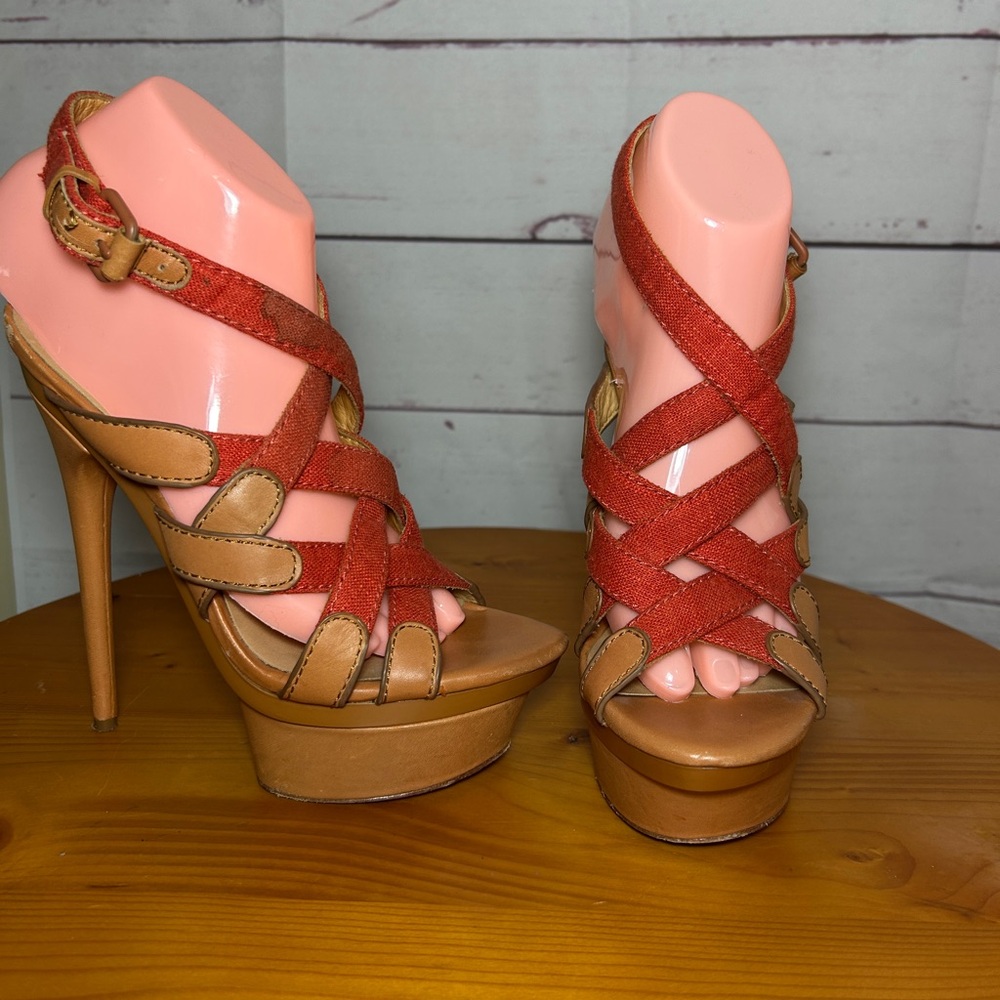 LAMB Gwen Stefani Sandals Size 6 Orange Tan Platform Buckle Y2K Heels Leather